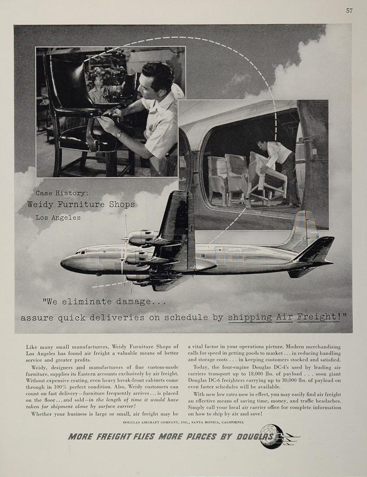 1948 Ad Douglas DC4 Plane Air Freight Weidy Furniture - ORIGINAL ADVERTISING