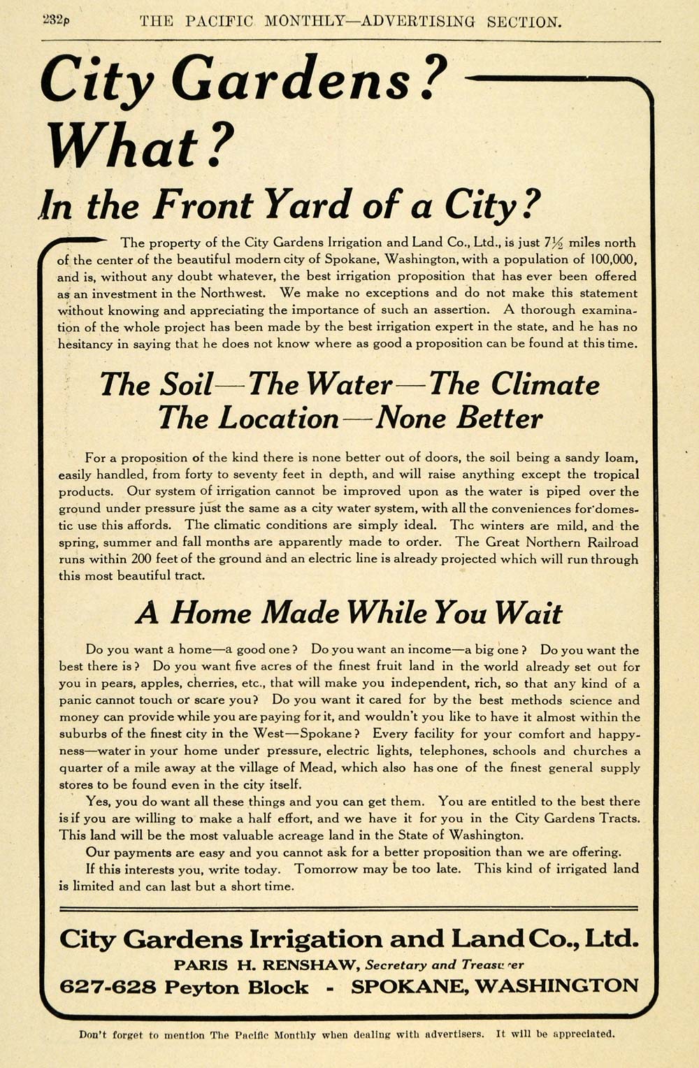 1908 Ad City Gardens Irrigation Land Paris H. Renshaw - ORIGINAL ADVERTISING PM2