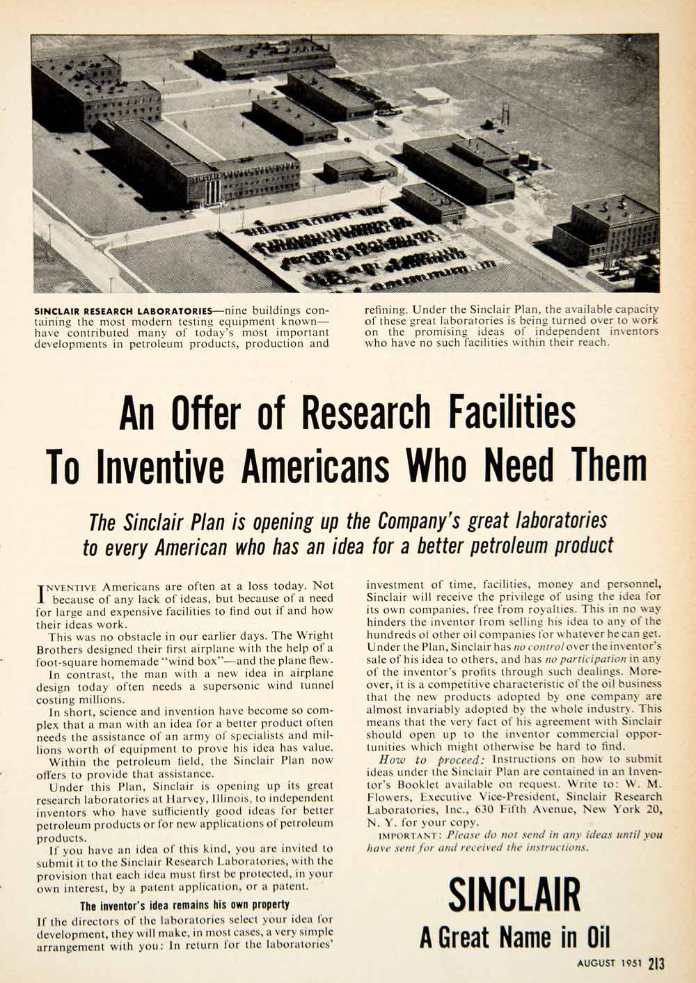 1951 Ad Sinclair Petroleum Oil Research Laboratories Wright Brothers W M PSC1