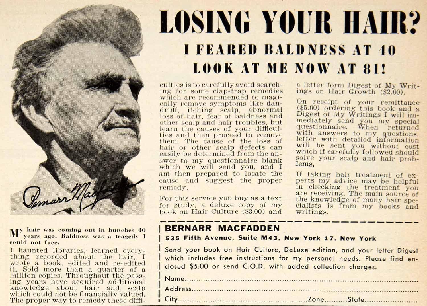 1949 Ad Bernarr MacFadden Hair Baldness Beauty Advertisement Advertising NY PSC1