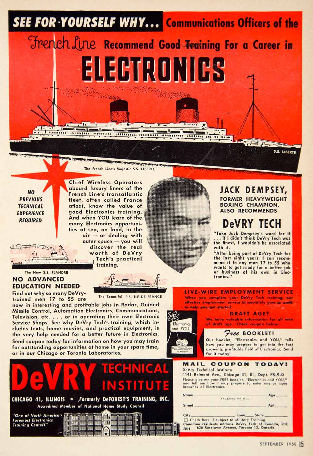 1958 Ad DeVry Technical Institute 4141 Belmont Ave Chicago IL SS Liberte PSC3