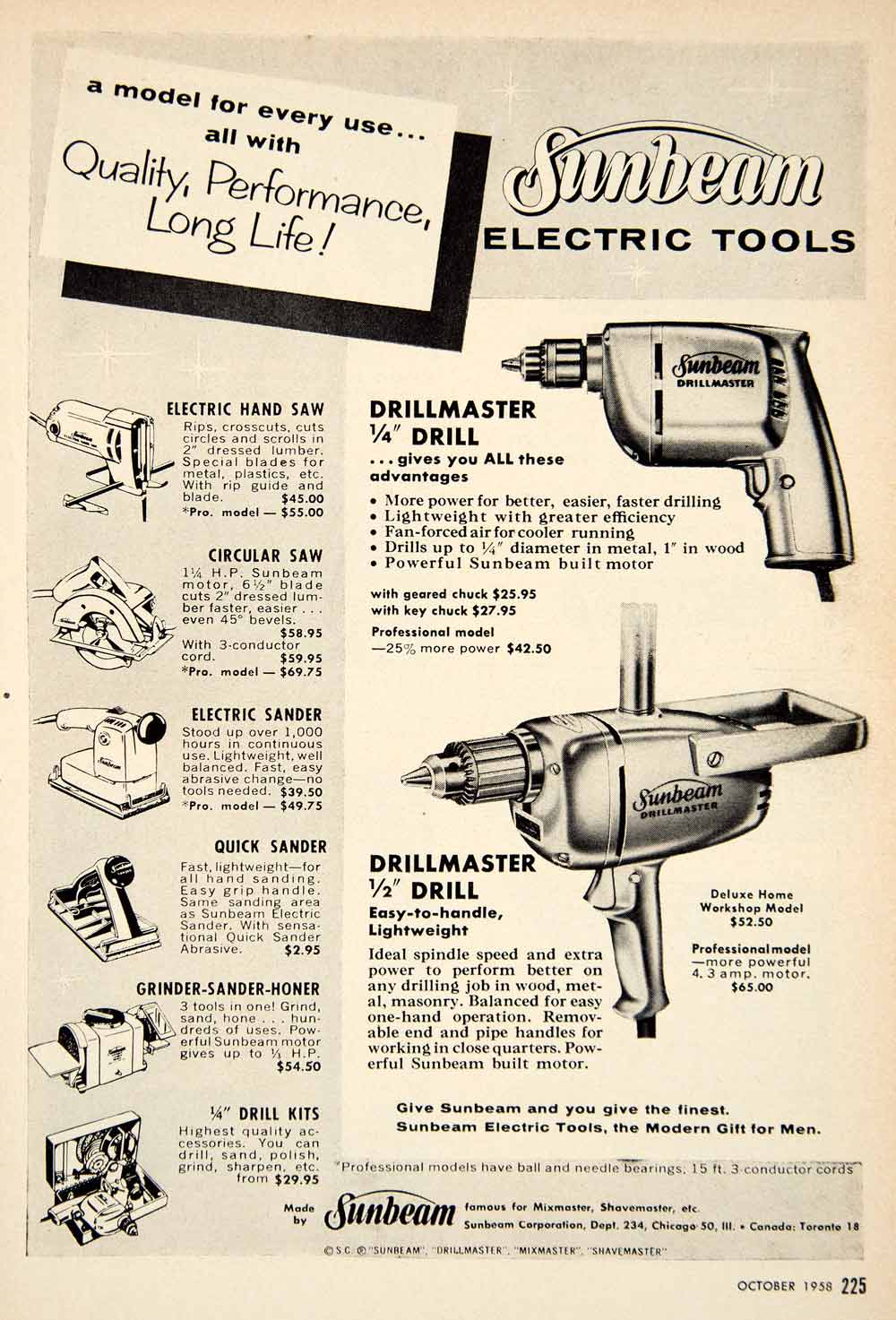 1958 Ad Sunbeam Drillmaster Electric Power Tool Hand Saw Sander Grinder PSC3