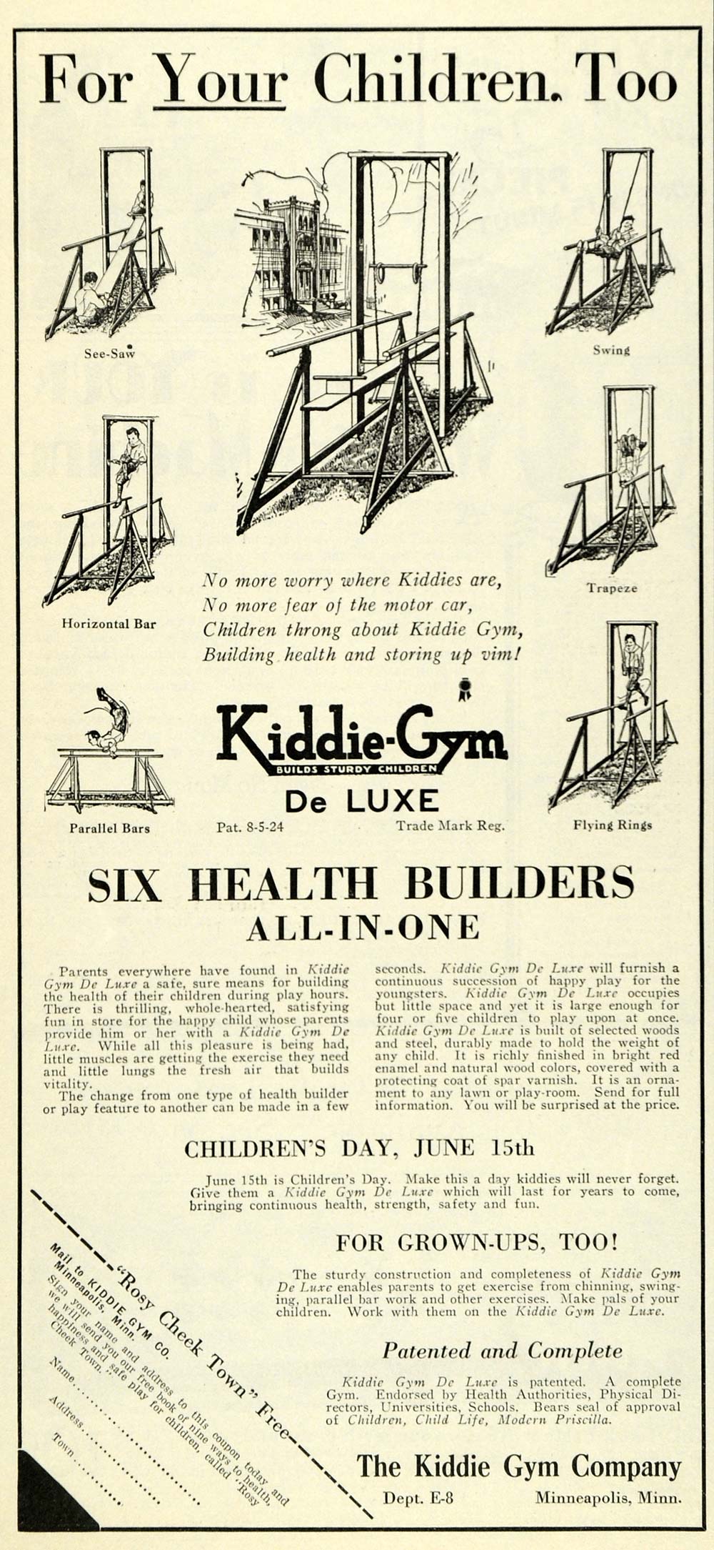 1929 Ad Kiddie Outdoor Gym See Saw Trapeze Swing Set - ORIGINAL ADVERTISING PTS1