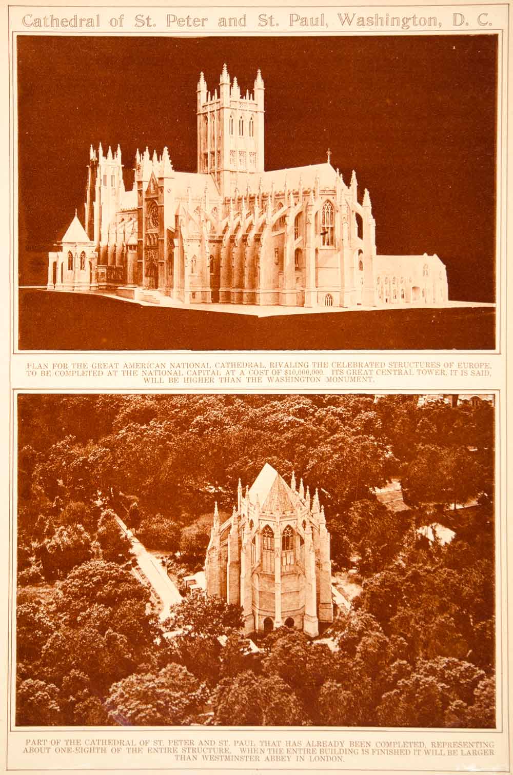 1923 Rotogravure Washington National Cathedral Church of St. Peter Paul Historic