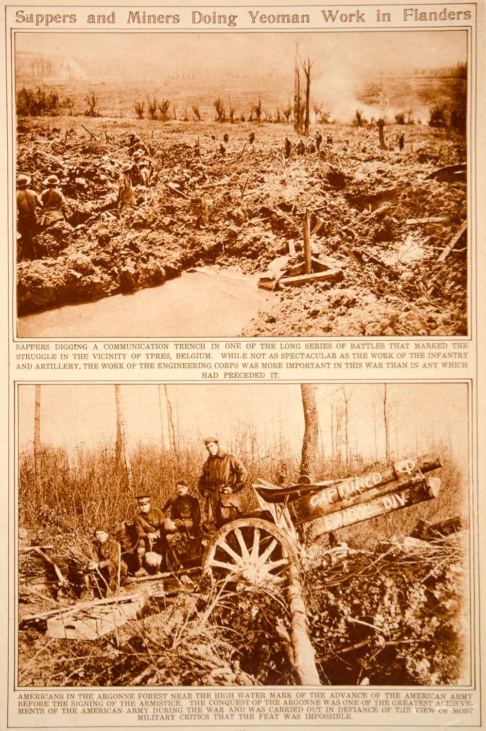 1923 Rotogravure WWI Flanders Sappers Trench American Troops Artillery Argonne