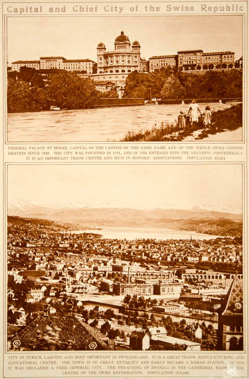 1923 Rotogravure Switzerland Zurich Cityscape Bern Federal Palace Historic City