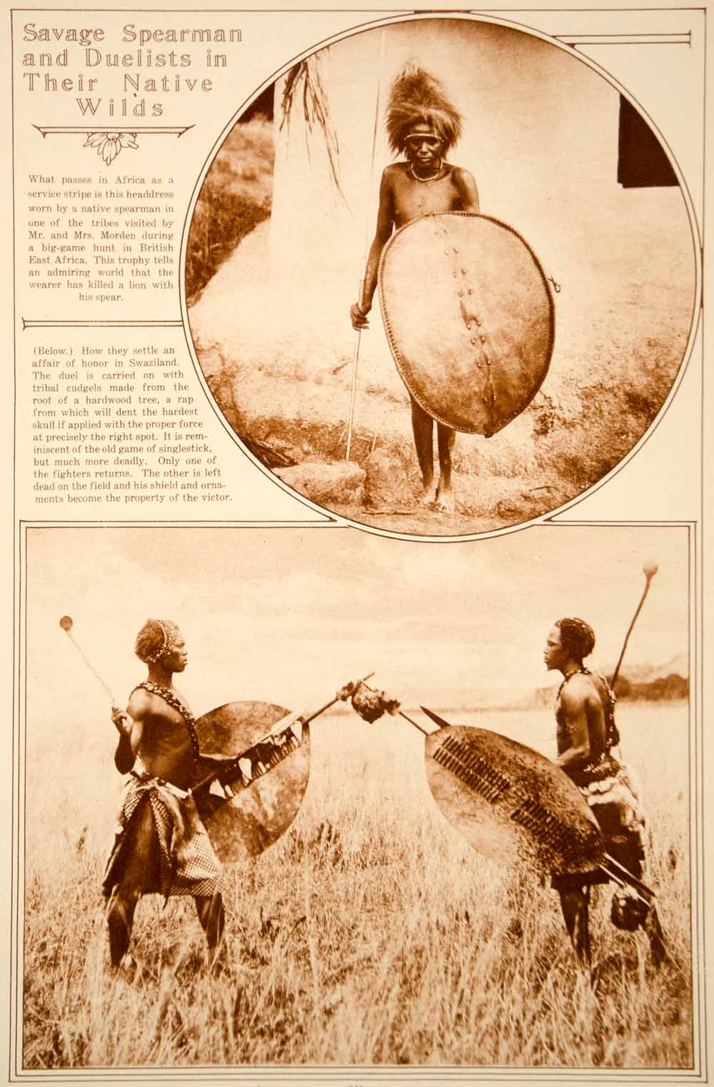 1923 Rotogravure East Africa Weapons Man Headdress Spear Shield Swaziland Duel