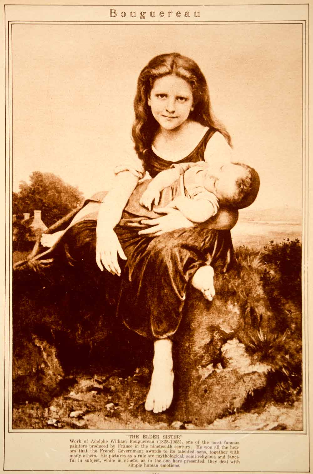 1923 Rotogravure William Adolphe Bouguereau Elder Sister Portrait Child Baby Art