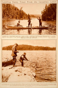 1923 Rotogravure Trout Fishing Fishermen Boat Canada Canadian Lakes Game Fish