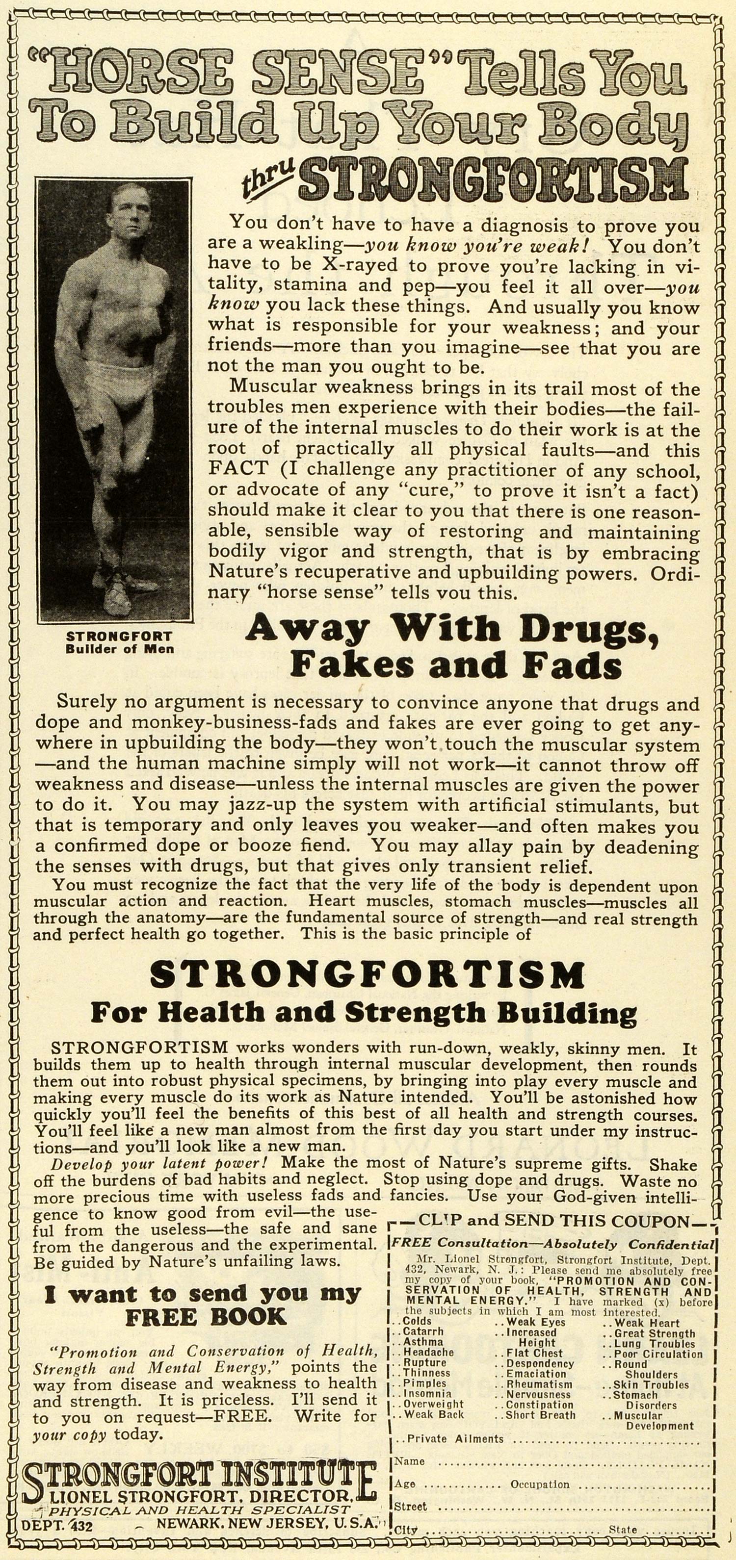 1928 Ad Strongfort Institute Lionel Newark New Jersey Exercise Fitness SAI