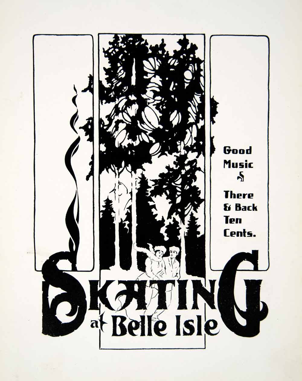 1910 Print Art Nouveau Typography Bold Forest Ice Skating Winter Belle Isle SB1