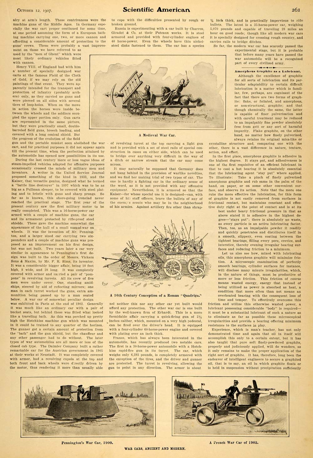 1907 Article Scientific Ancient Battle Cars Transport - ORIGINAL SCA1