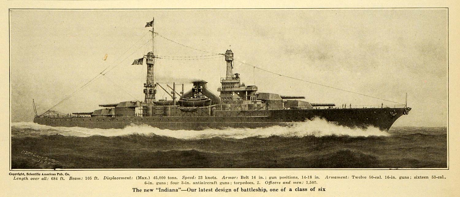 1920 Print Indiana Ship Design Battleship Antiaircraft Guns C. M. Knight SCA3