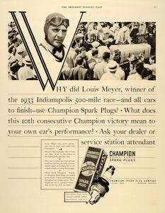 1933 Ad Champion Spark Plug Company Louis Meyer Race - ORIGINAL ADVERTISING SEP3