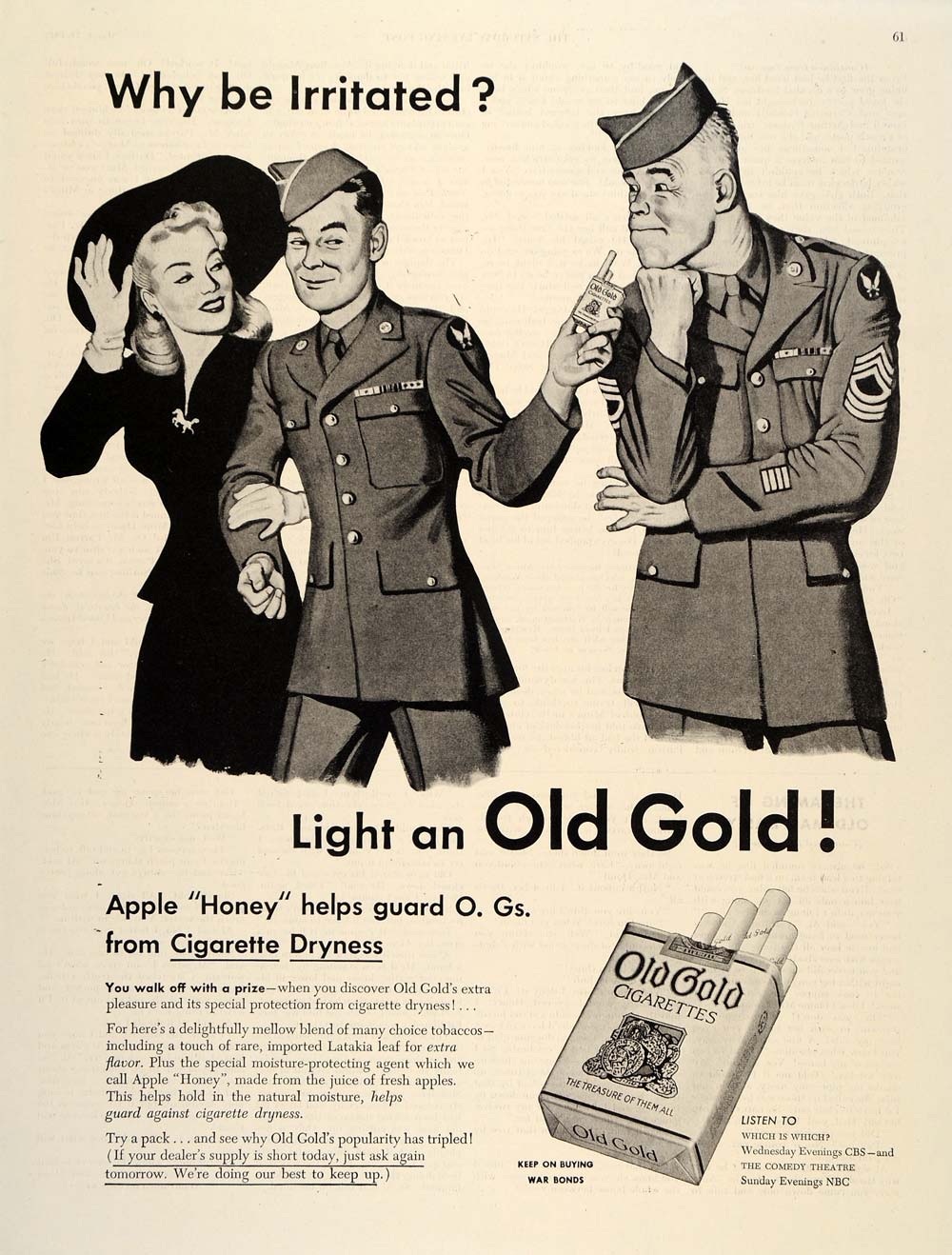 1945 Ad Old Gold Tobacco Cigarette Apple Honey Military - ORIGINAL SEP3