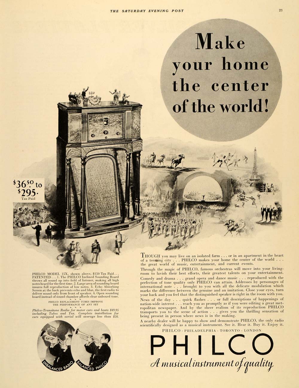 1932 Ad Philco 15X Model Inclined Sounding Board Music - ORIGINAL SEP3