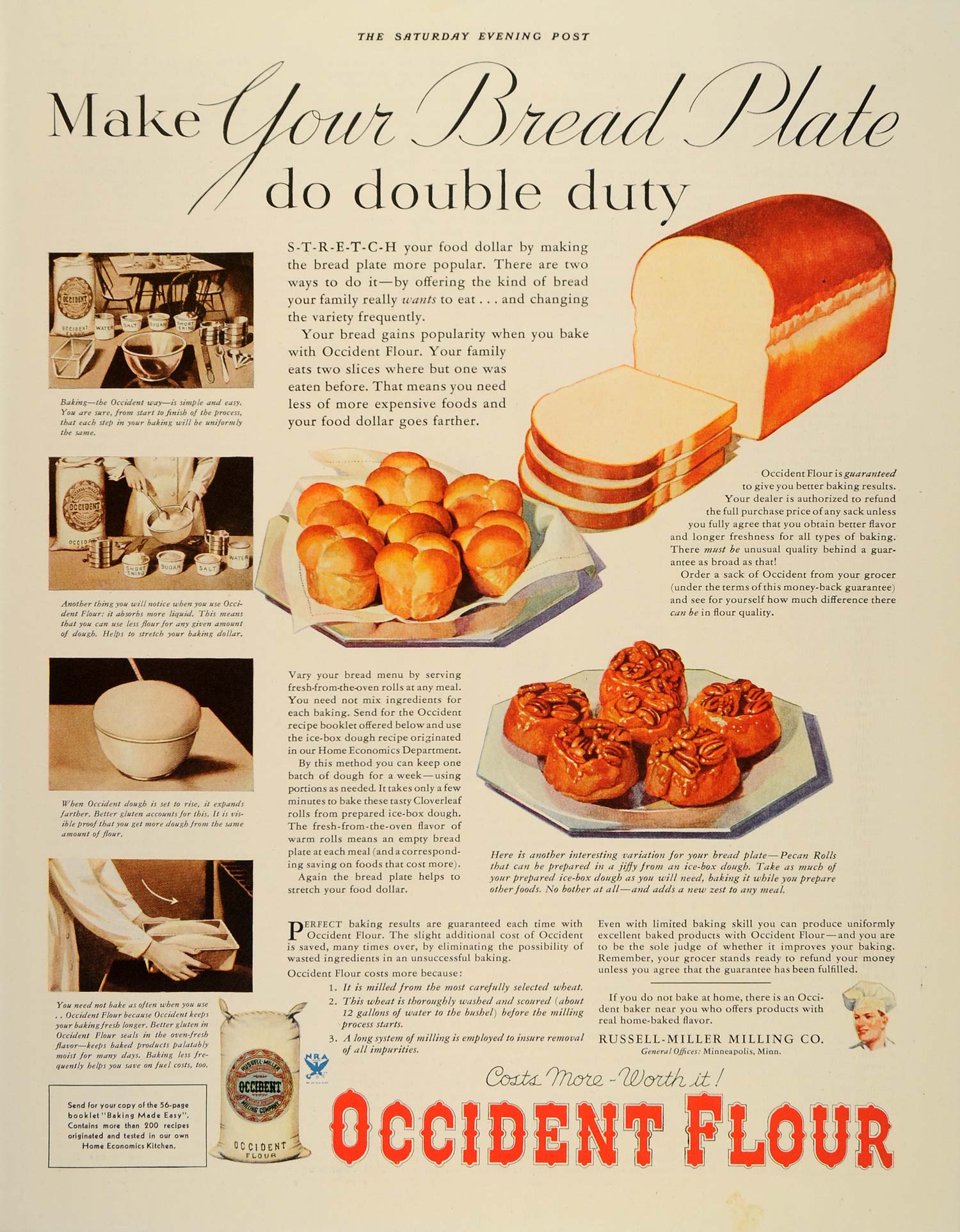 1934 Ad Bread Plate Occident Flour Cinnamon Buns Bake - ORIGINAL SEP3