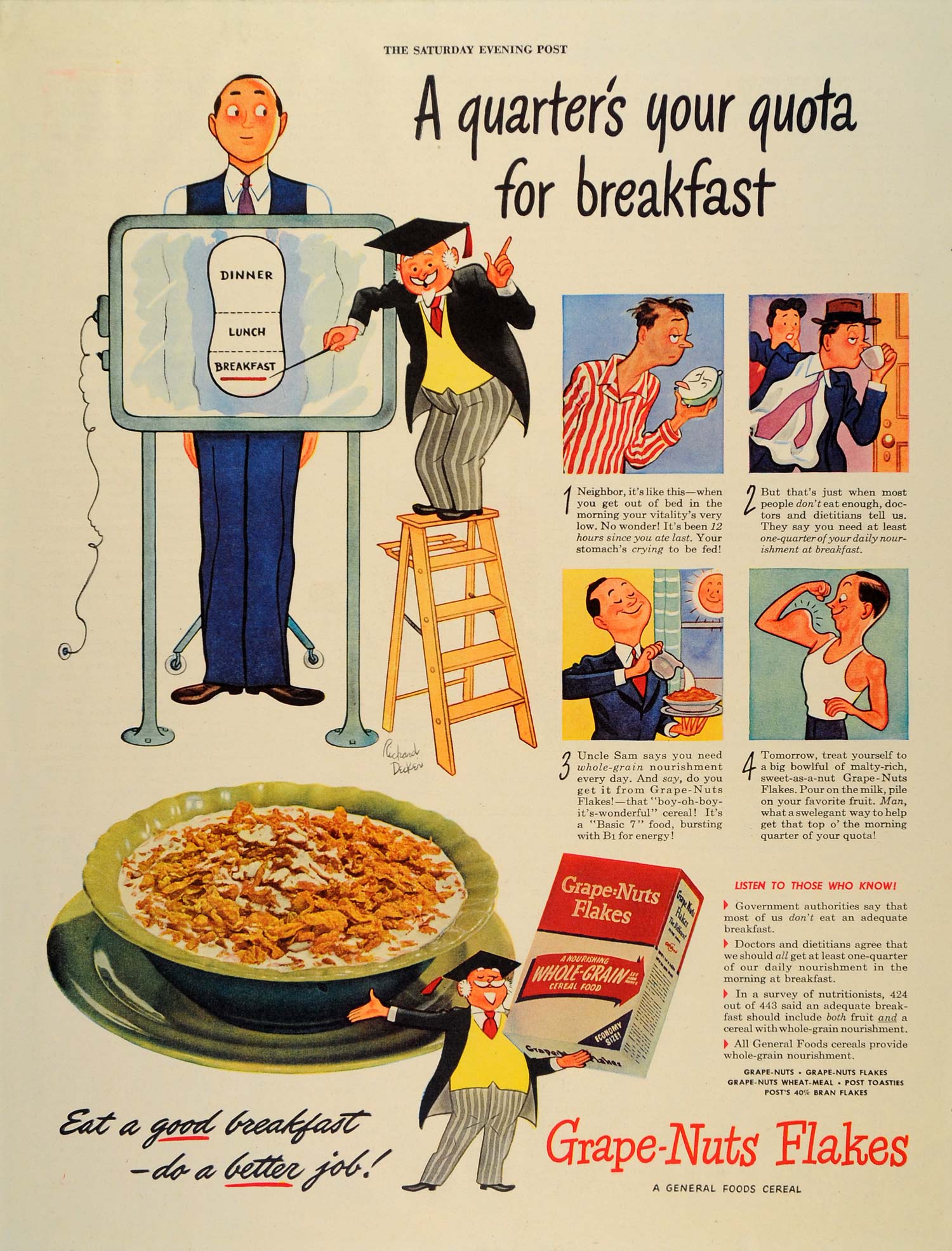 1944 Ad Grape Nuts Flakes Cereal Cartoon WWII Breakfast - ORIGINAL SEP3