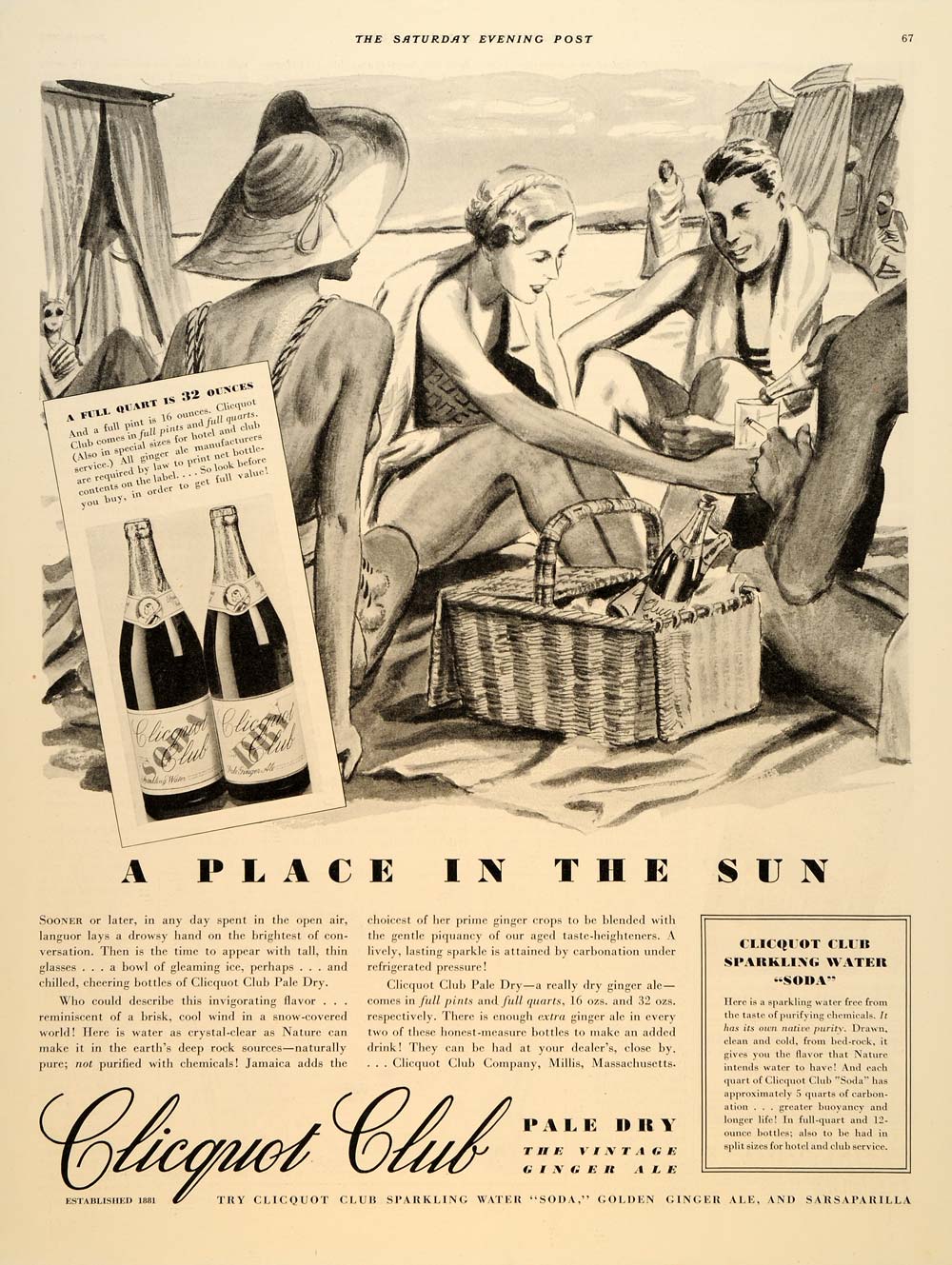 1935 Ad Clicquot Club Pale Dry Ginger Ale Summer Beach - ORIGINAL SEP4