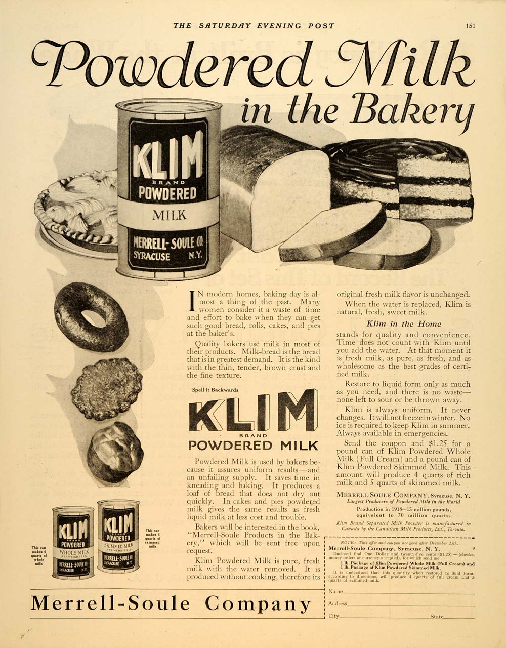 1919 Ad Klim Powdered Milk Merrell Soule Syracuse Bake - ORIGINAL SEP4