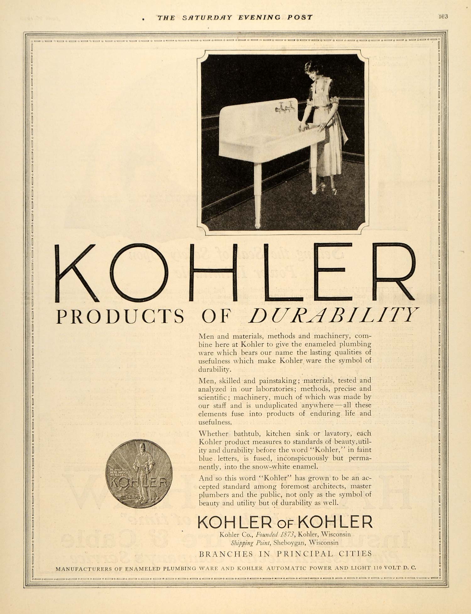 1920 Ad Kohler Sheboygan Wisconsin Enamel Plumbing - ORIGINAL ADVERTISING SEP4