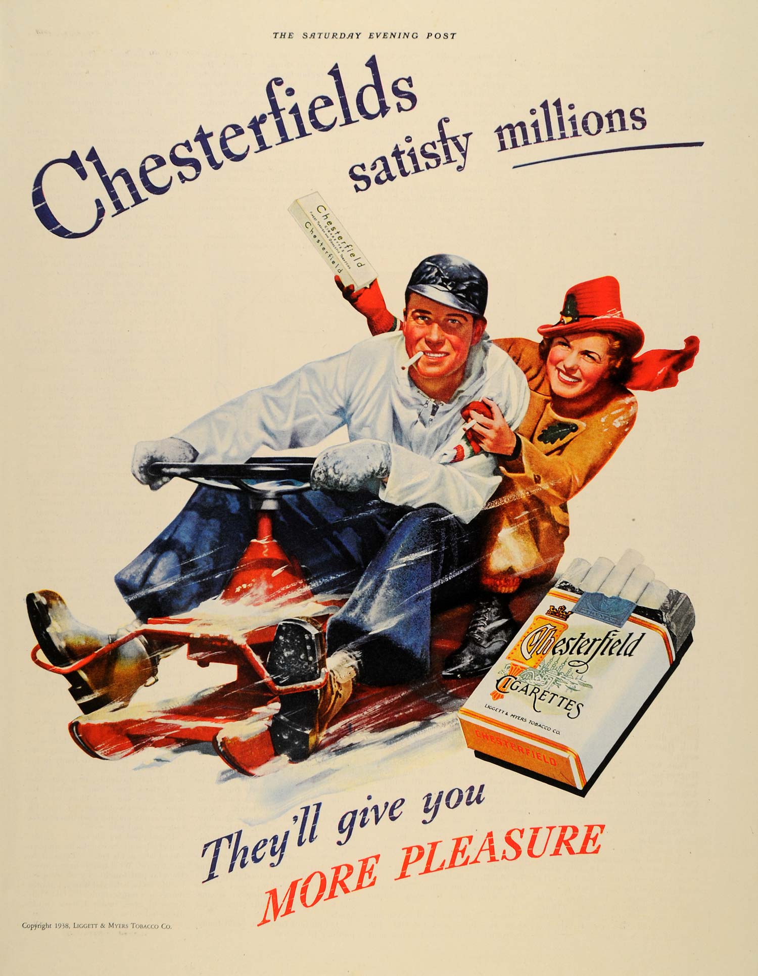 1938 Ad Chesterfields Cigarettes Liggett & Myers Sled - ORIGINAL SEP4