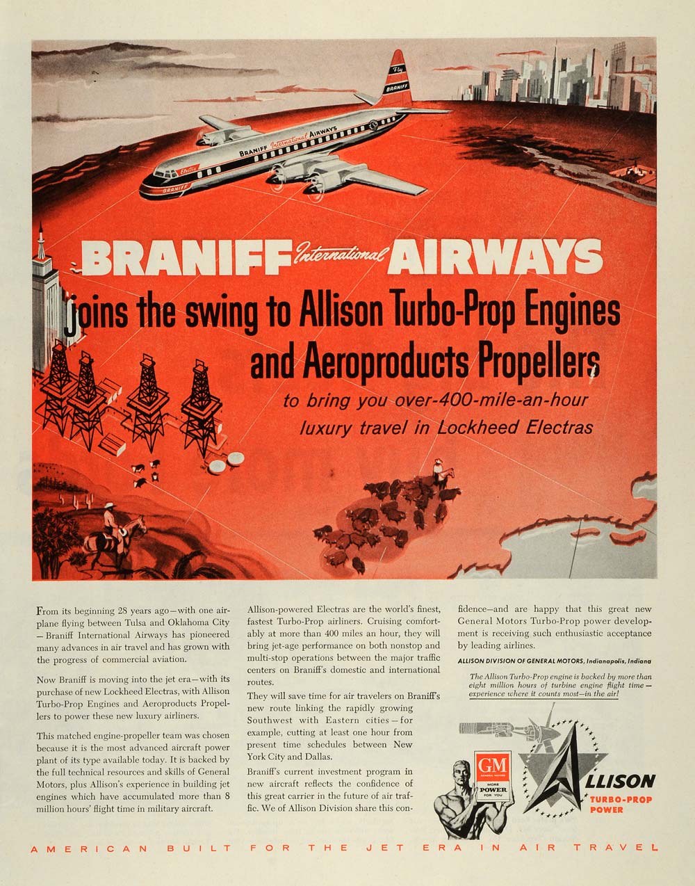 1956 Ad Braniff International Airways Allison Turbo Prop Power Engines GM SEP5