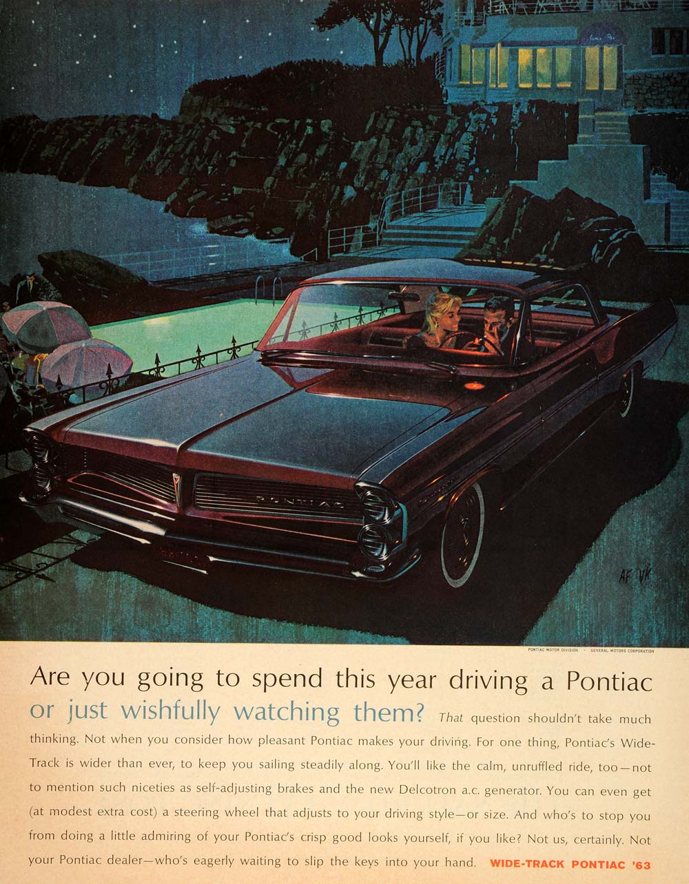 1963 Ad Wide Tract Pontiac Vintage Lovers Romance Smoking Pool Art SEP5