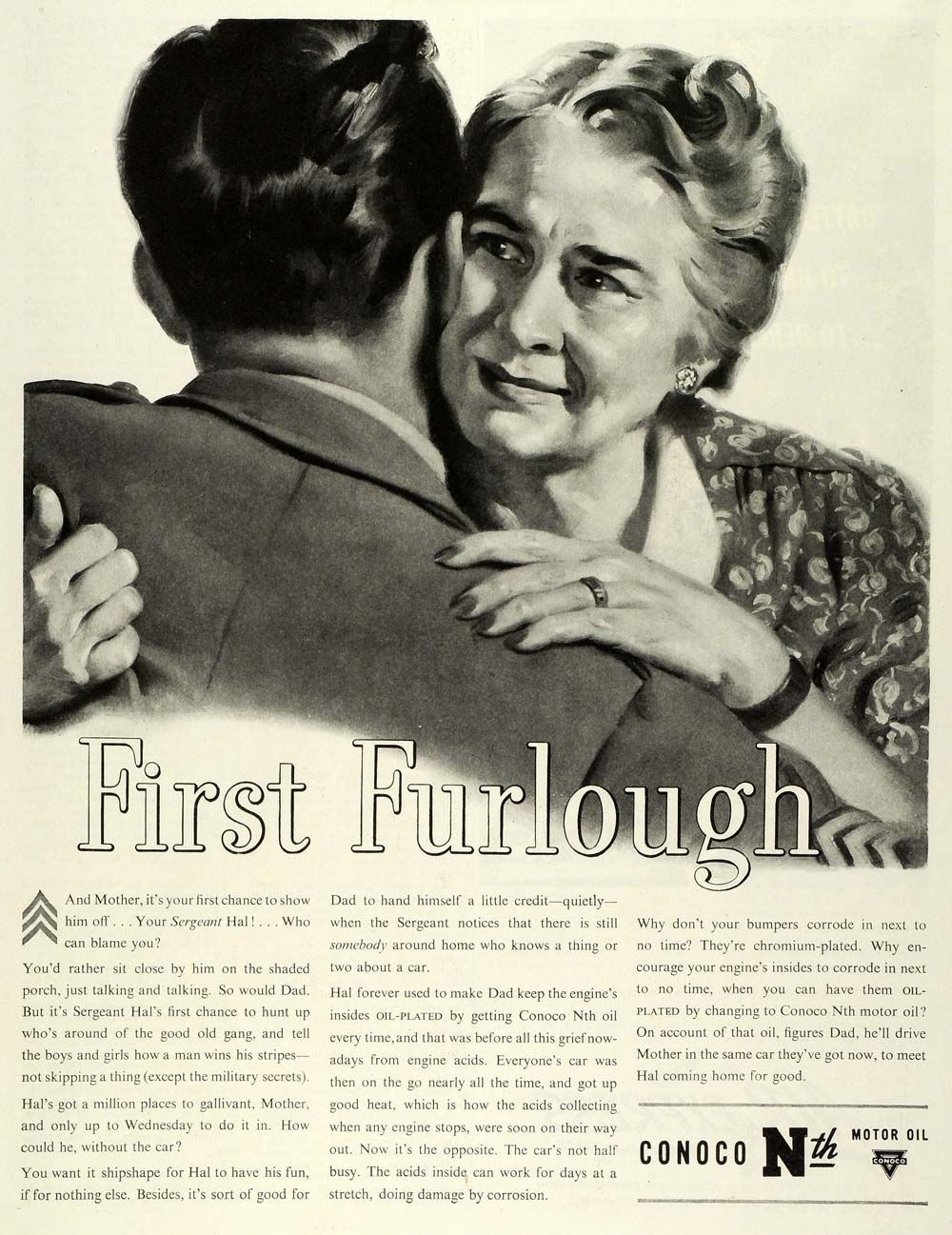 1943 Ad Conoco Nth Motor Oil Mother & Sergeant Wartime WWII Petroleum SEP6