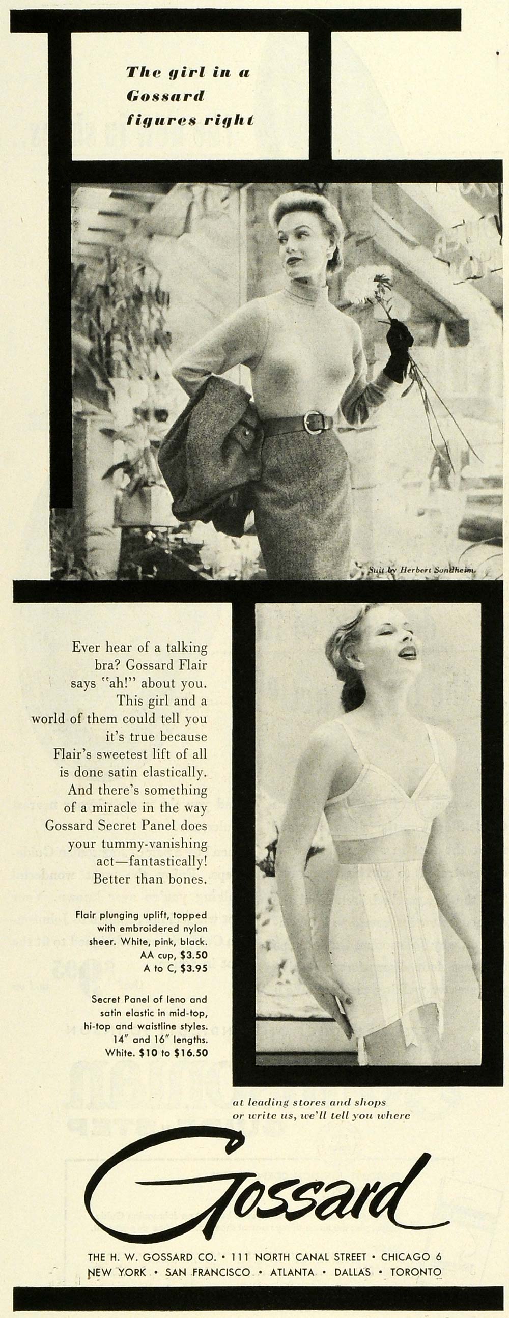 1953 Ad Gossard Push Up Bras Undergarments Underwear Herbert Sondheim –  Period Paper Historic Art LLC