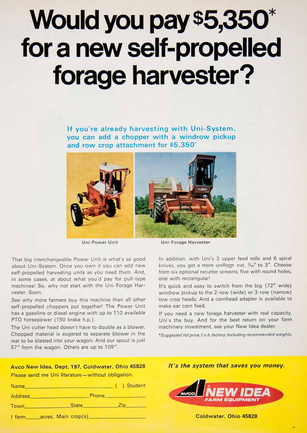 1969 Ad New Idea Farm Coldwater Ohio Forage Harvester Farming Agriculture SF1