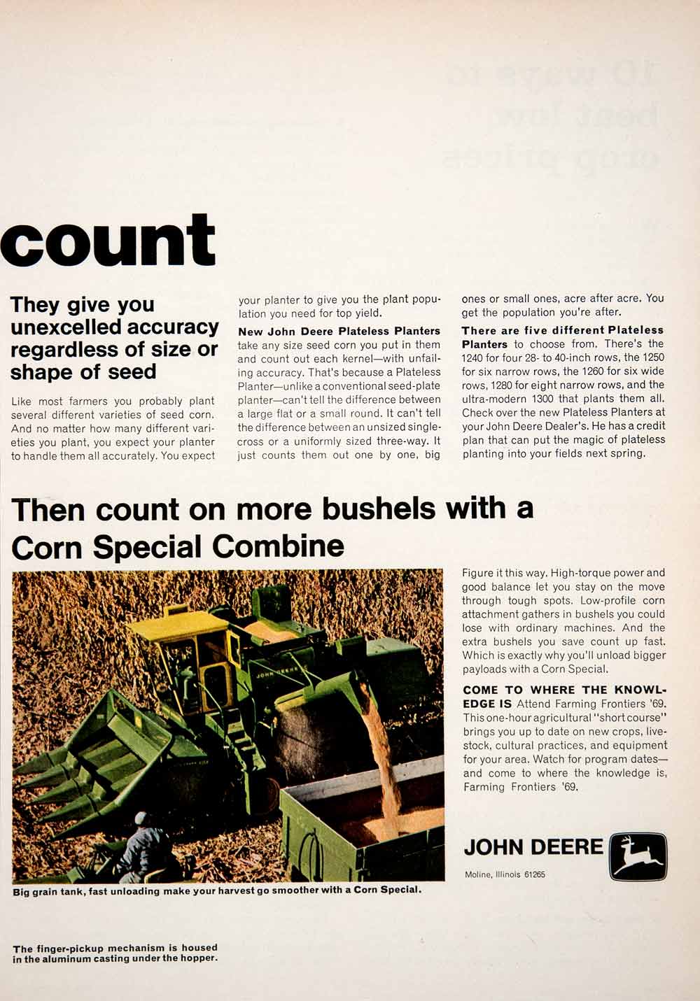 1969 Ad John Deere Plateless Planters Corn Special Combine Farming Machinery SF2