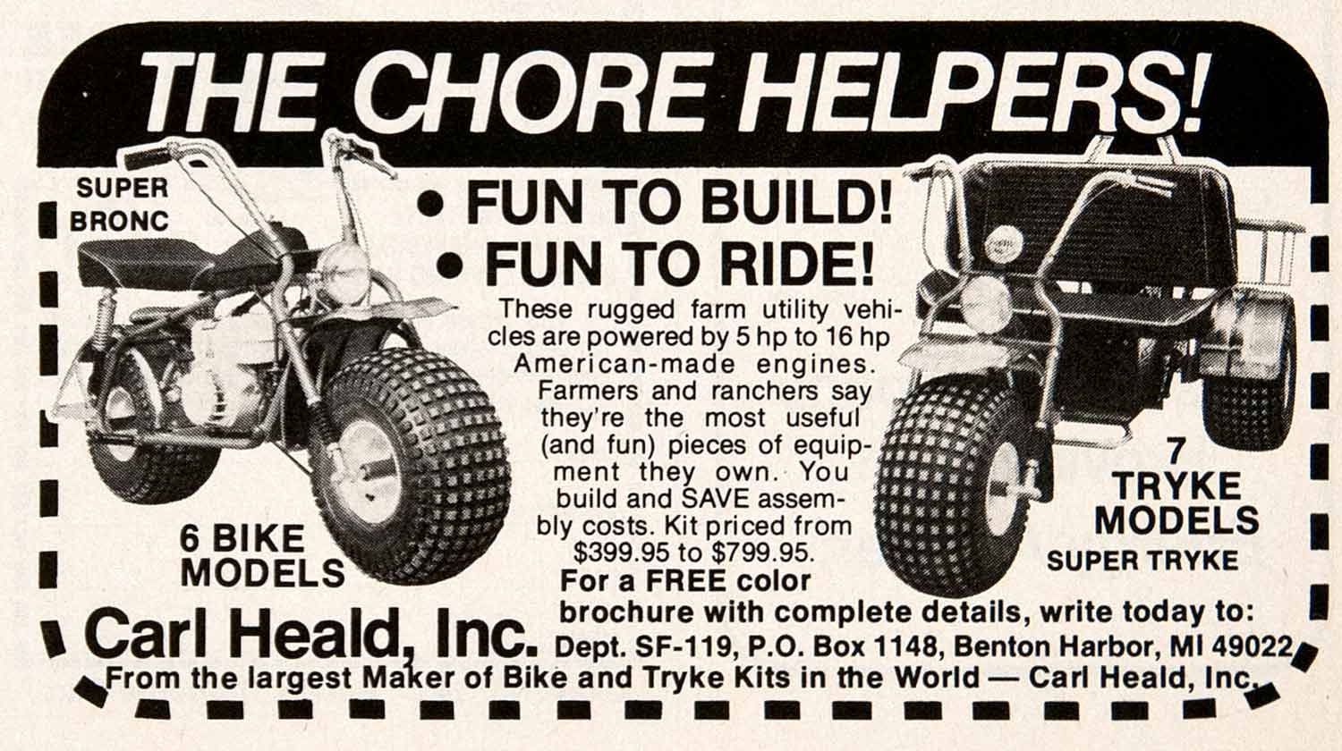 1979 Ad Carl Heald Bike Truke Kit Chore Helpers Utility Vehicle Benton SF3