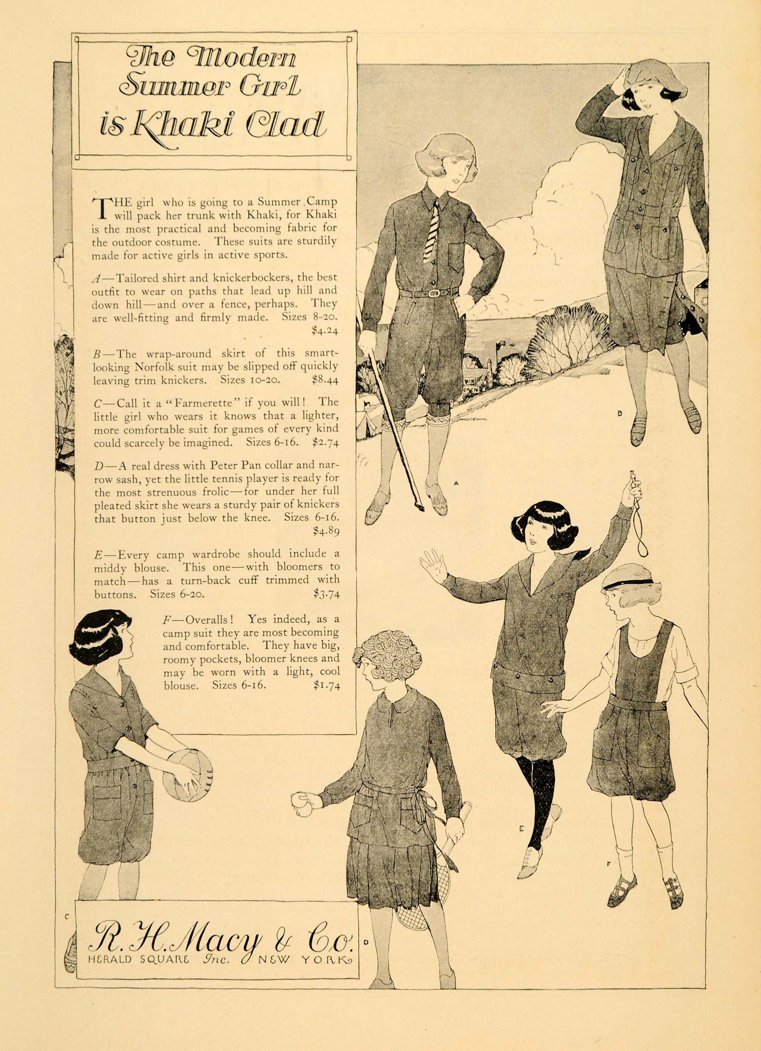 1922 Ad R. H. Macy Khaki Farmerette Knickerbockers NY - ORIGINAL ADVERTISING SN1