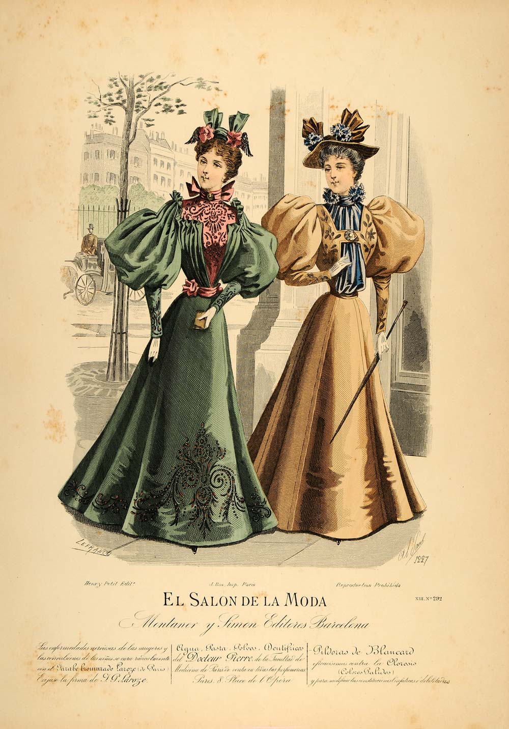 1895 Victorian Lady Street Dress Costume Hat Lithograph - ORIGINAL