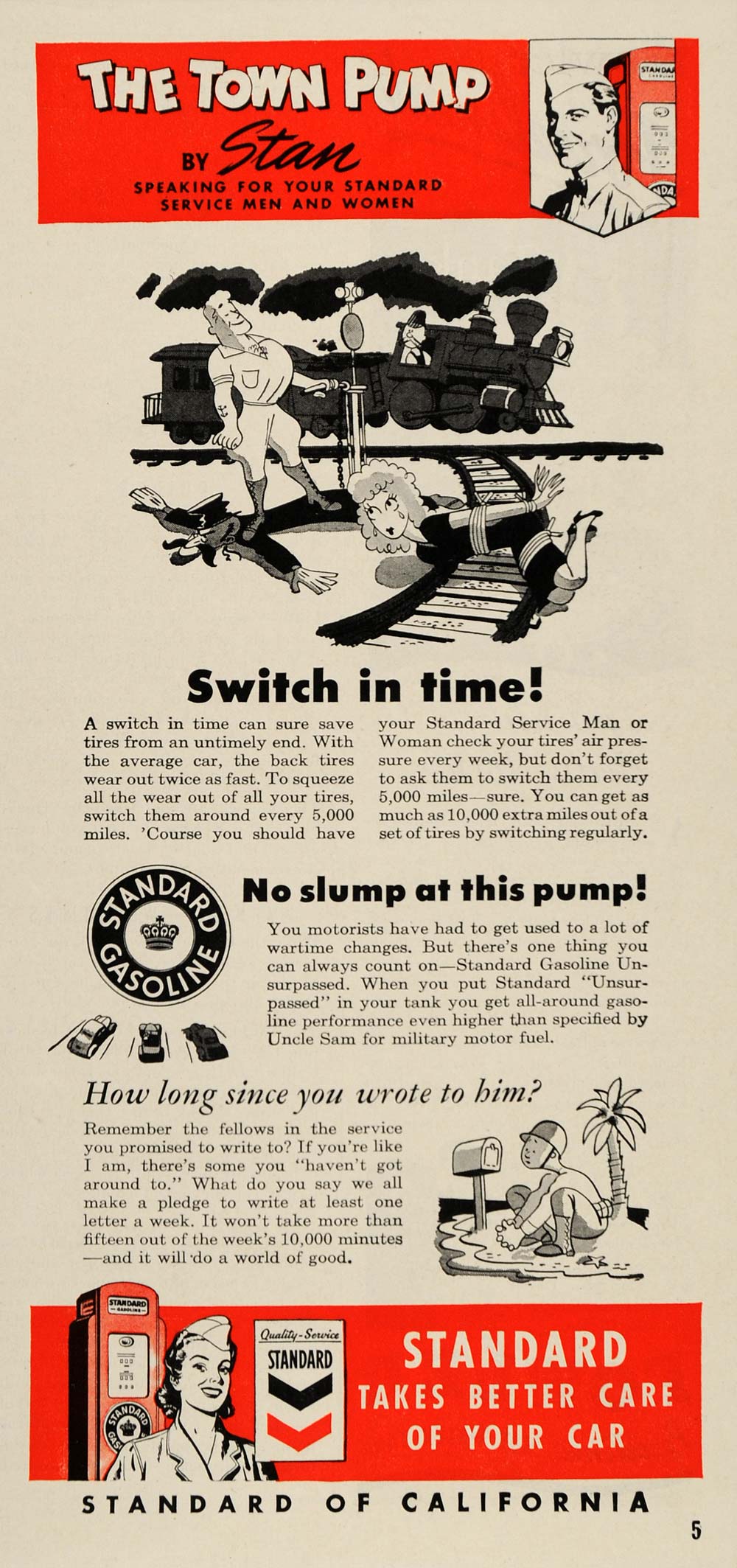 1943 Ad Standard Gasoline Tire Care Town Pump Stan WWII - ORIGINAL ST1