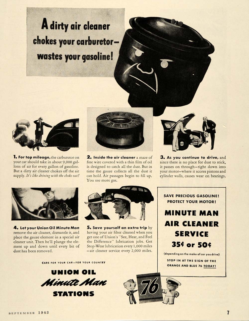 1943 Ad Union 76 Minute Man Carburetor Air Cleaner WW2 - ORIGINAL ST1