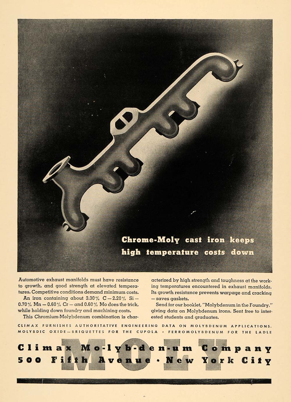 1942 Ad Climax Molybdenum Co. Chrome-Moly Cast Iron - ORIGINAL ADVERTISING TCE1