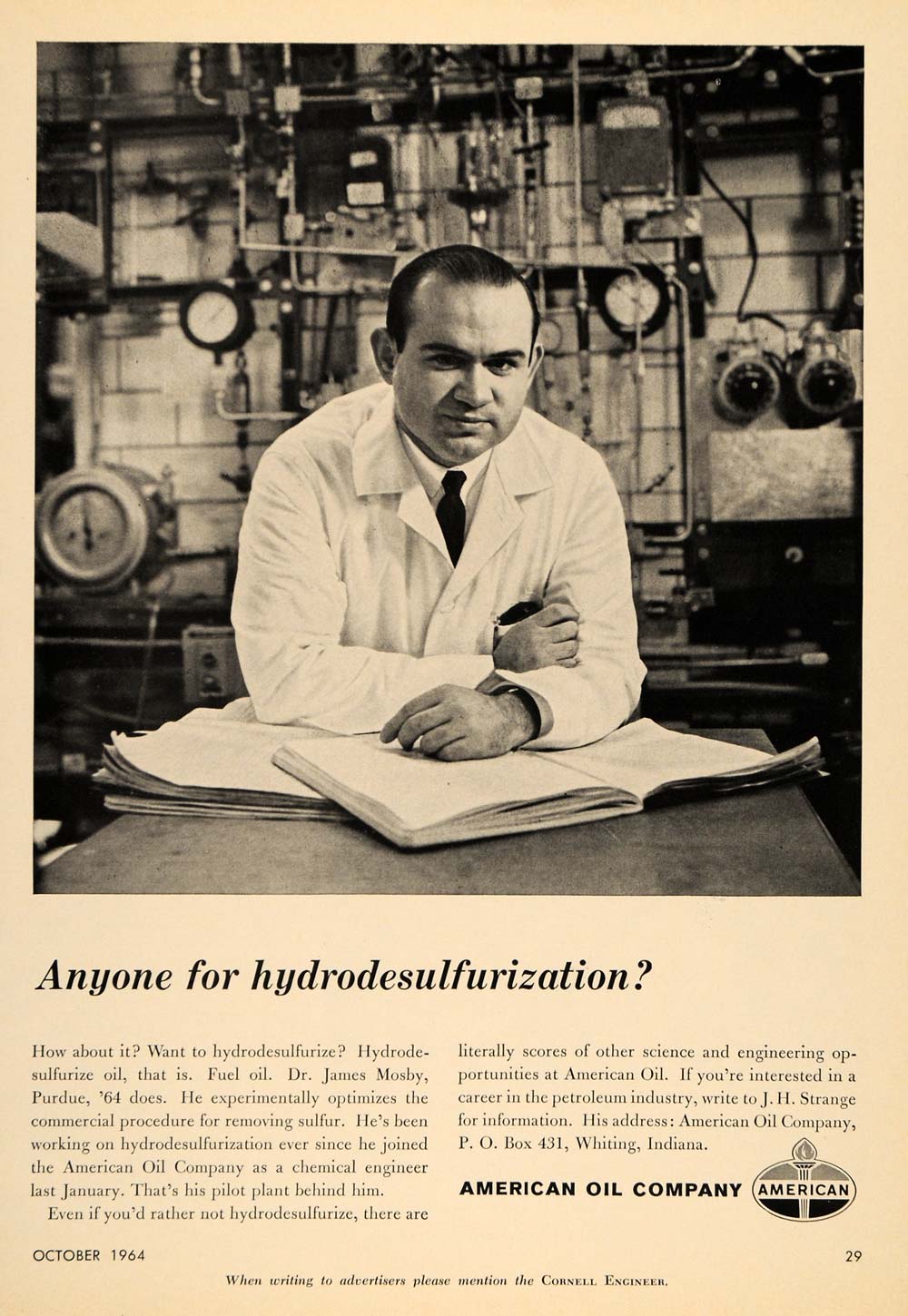 1964 Ad American Oil Co Dr James Mosby Hydrodesulfurize - ORIGINAL TCE2