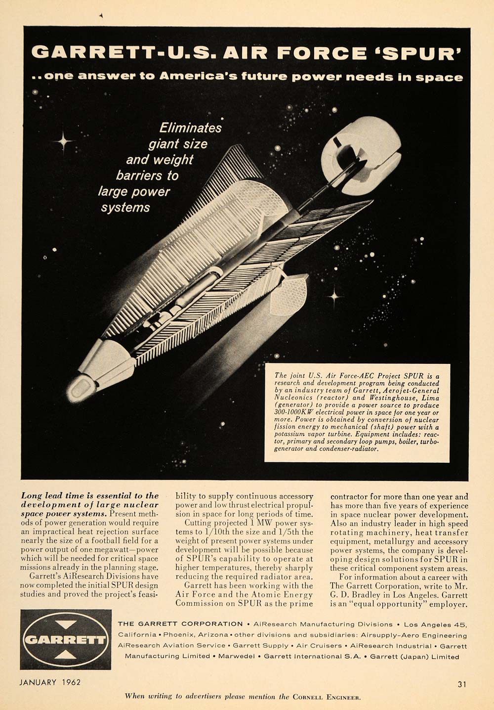 1962 Ad Garrett Corp AiResearch US Air Force AEC Spur - ORIGINAL TCE2