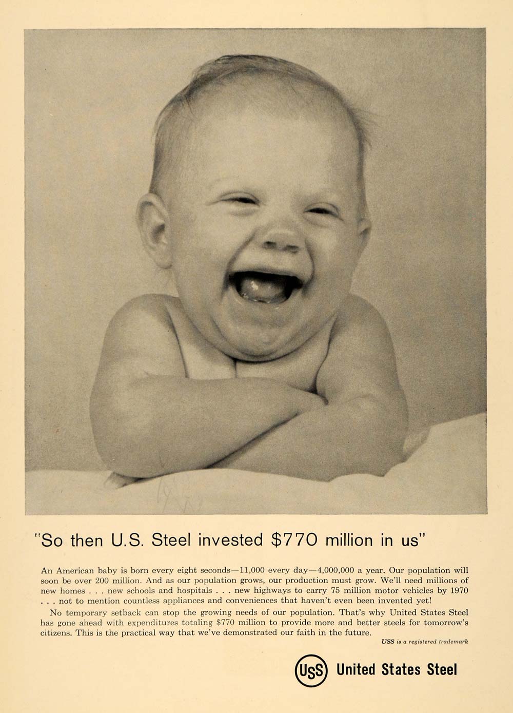 1959 Ad United States Steel Metalwork Baby Laughing - ORIGINAL ADVERTISING TCE2