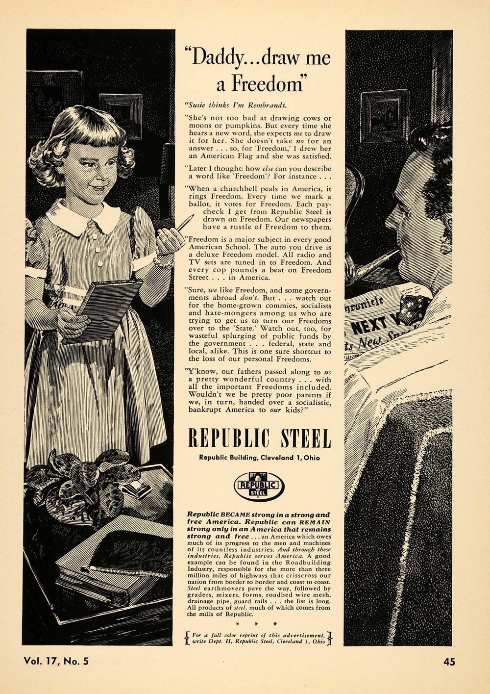 1952 Ad Republic Steel Road-Building Girl Dad Drawing - ORIGINAL TCE2