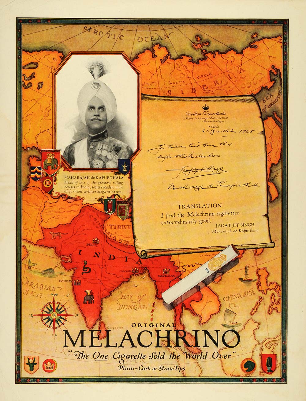 1926 Ad Melachrino Cigarettes Maharajah de Kapurthala - ORIGINAL THB1