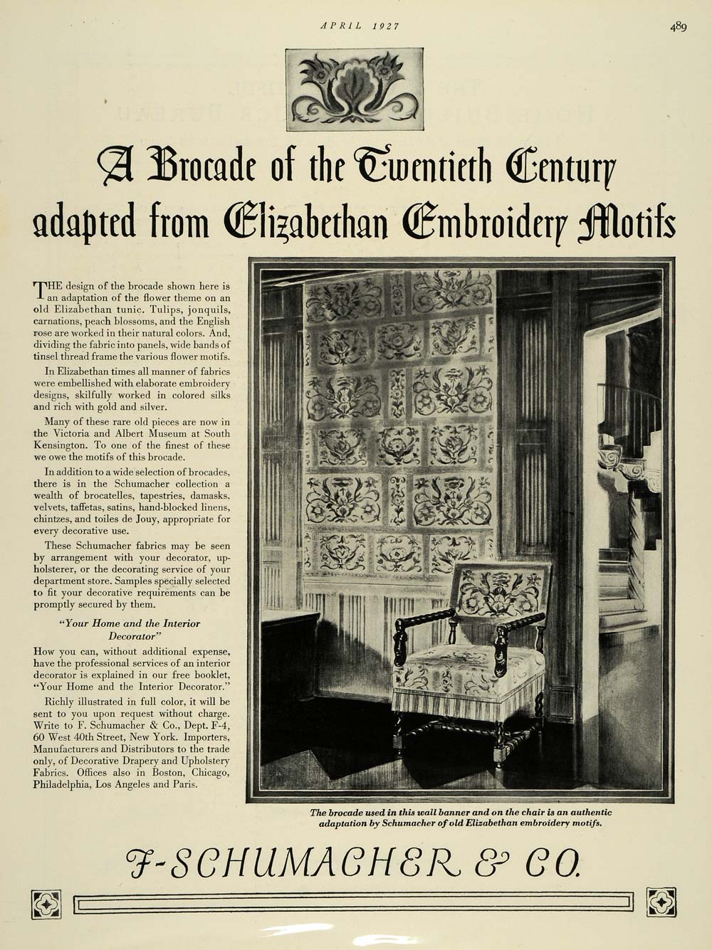 1927 Ad F Schumacher Elizabethan Embroidery Decorative - ORIGINAL THB1