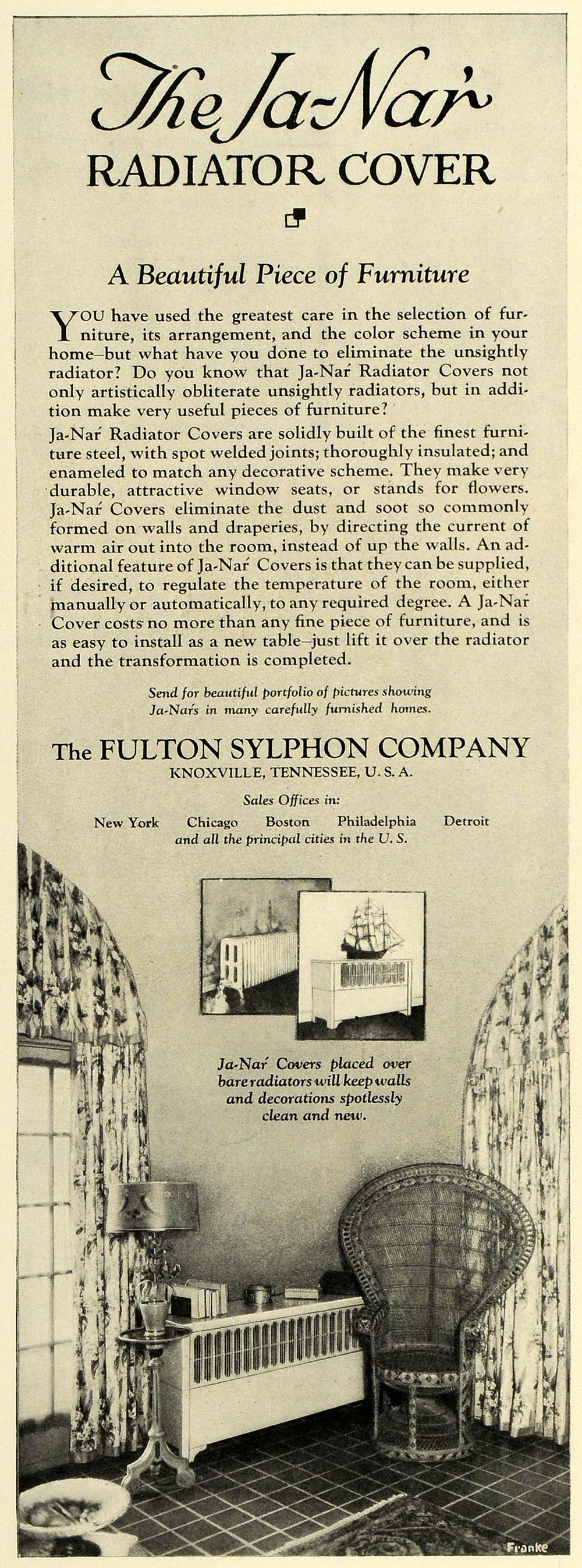 1927 Ad Ja Nar Radiator Cover Fulton Sylphon Knoxville - ORIGINAL THB1