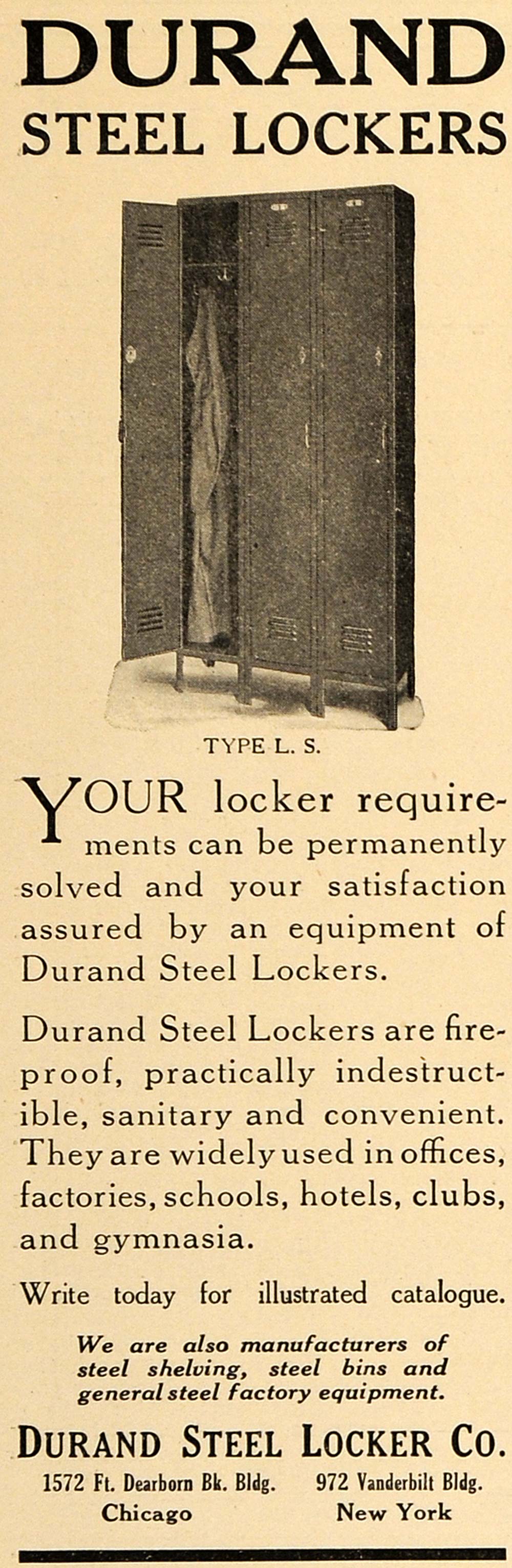 1917 Ad Durland Steel Lockers Type L. S. Vanderbilt WWI - ORIGINAL TIN2