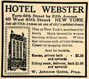 1917 Ad Hotel Webster W. Johnson Quinn Room Rates NY - ORIGINAL ADVERTISING TIN2