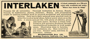 1917 Ad Interlaken Headmaster Rolling Prairie School - ORIGINAL ADVERTISING TIN2