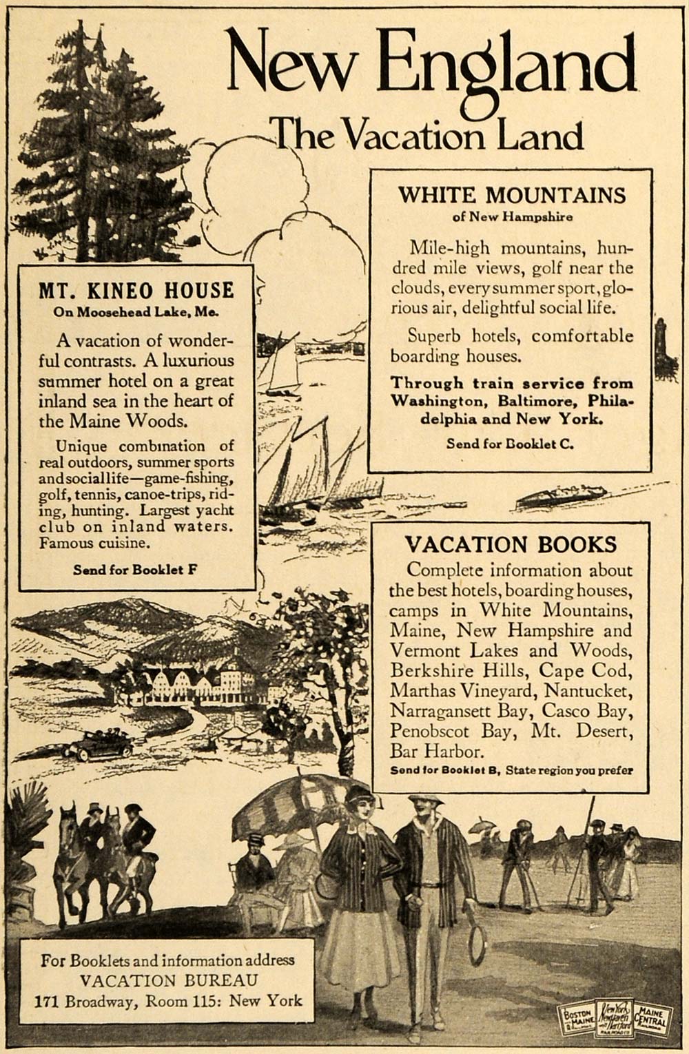 1917 Ad New England Mt Kineo House Vacation Bureau - ORIGINAL ADVERTISING TIN2