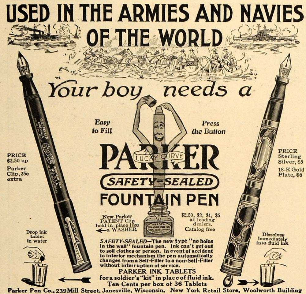 1917 Ad WWI Army Navy Parker Fountain Pen Janesville - ORIGINAL ADVERTISING TIN3